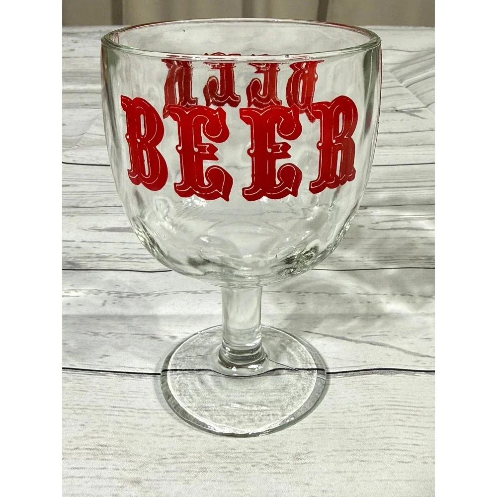 Vintage Beer Schooner Glass Red Western Graphic Heavy Stemmed Goblet 6.25in